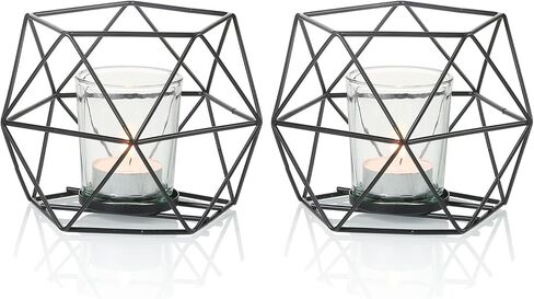 2 Pcs Gold Geometric Tealight Candle Holders with Glass Votive Cups, Wedding Reception Decor for Table Centerpiece, Metal Iron Wire Tea Light Candlestick Holder for Pillar Candles in Saudi Arabia