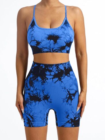 Tie Dye Seamless Workout Sets for Women 2 Piece Outfits Backless Sports Bra Scrunch Butt Gym Yoga Booty Shorts in Saudi Arabia