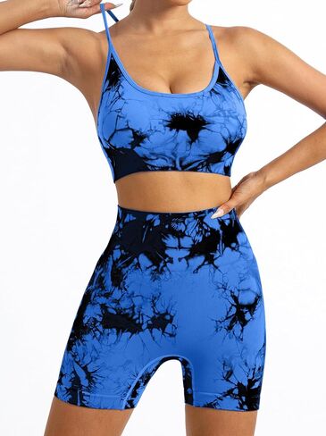 Tie Dye Seamless Workout Sets for Women 2 Piece Outfits Backless Sports Bra Scrunch Butt Gym Yoga Booty Shorts in Saudi Arabia