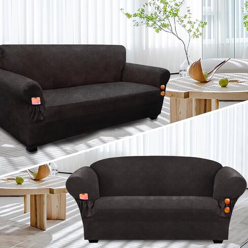 Like Leather Couch Cover for 3 Cushion Couch Sofa Pet Friendly with 2 Arm Pockets, Hair Resistant Sofa Cushion Covers Washable for Dog Cat, 1 Piece Stretch Sofa Covers Brown 4 in Saudi Arabia