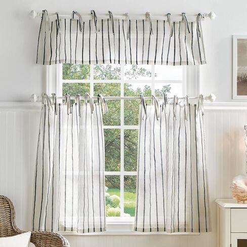 Martha Stewart Laguna Stripe Semi-Sheer Tie Tab Window Curtain Valance and Tiers Set, Grey in Saudi Arabia