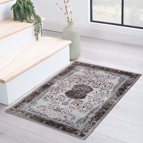 Superior Indoor Runner Rug, Cotton Backing, for Kids or Pets, Entry, Living Room, Kitchen, Bedroom, Hallway, Machine Washable Rugs, Floor Cover, Medallion, Sparrow Collection, 2' 7" x 12', Cream in Saudi Arabia