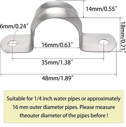 1/2inch Two Hole Strap U Bracket Stainless Steel Tube Strap Tension Clip Assortment Kit Heavy Duty Rigid Pipe Strap Clamp for The Inner Diameter of Water Pipe is 1/2inch 30Pcs (20mm) in Kuwait