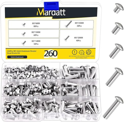 330Pcs M4 Solid Aluminum Brazier Head Rivets, M4 6mm 10mm 14mm 20mm 25mm Length Aluminum Rivets Fastener, Plain Finish, Solid Rivet Kit M4 Flat Head Solid Rivets Assortment Kit for Industry in Saudi Arabia