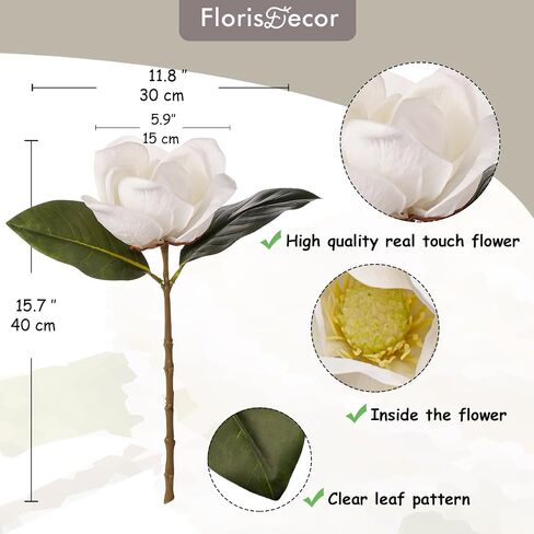 3 Stems Real Touch White Southern Magnolia Flowers, Artificial Realistic Magnolia Grandiflora for Home Décor in Saudi Arabia