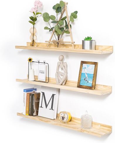 AZSKY Floating Shelves Natural Wood for Wall Storage Wall Mount Floating Kids Bookshelf with Lip Display Picture Photo Ledge Shelves for Bedroom Living Room Bathroom Kitchen 16 Inch Set 2 in Saudi Arabia