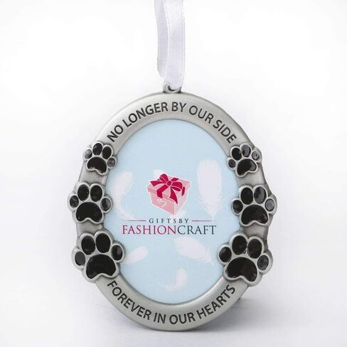 FASHIONCRAFT Pet Memorial Ornament Departed Paw Prints No Longer by Our Side Forever in Our Hearts Oval Metal Photo Frame Velvet Easel Back & Gift Box Table Top Remembrance Pewter Finish in Saudi Arabia