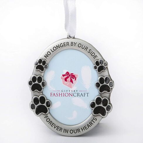 FASHIONCRAFT Pet Memorial Ornament Departed Paw Prints No Longer by Our Side Forever in Our Hearts Oval Metal Photo Frame Velvet Easel Back & Gift Box Table Top Remembrance Pewter Finish in Saudi Arabia