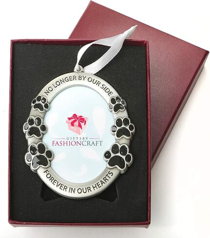FASHIONCRAFT Pet Memorial Ornament Departed Paw Prints No Longer by Our Side Forever in Our Hearts Oval Metal Photo Frame Velvet Easel Back & Gift Box Table Top Remembrance Pewter Finish in Saudi Arabia