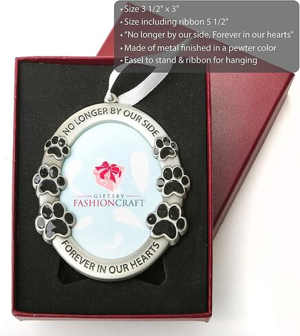 FASHIONCRAFT Pet Memorial Ornament Departed Paw Prints No Longer by Our Side Forever in Our Hearts Oval Metal Photo Frame Velvet Easel Back & Gift Box Table Top Remembrance Pewter Finish in Saudi Arabia