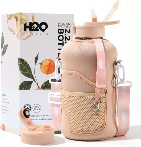 H2O Capsule 2.2L Half Gallon Water Bottle with Storage Sleeve and Removable Straw – BPA Free Large Reusable Drink Container with Handle - Big Sports Jug, 2.2 Liter (74 Ounce), Black Leopard in Saudi Arabia