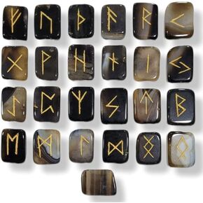 Sharvgun Runes Crystal Rune Stones Set Elder futhark Viking Gemstone Reiki Healing Golden Engraved Runic Alphabets (Rectangle, Amethyst)