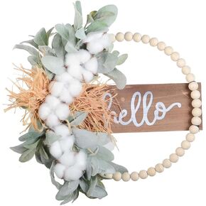 Spring Floral Wreath Boho Wall Decor Front Door Wreath Wood Bead Eucalyptus Leaf Artificial Wreath for Festival Celebration Porch Farmhouse Patio Garden Window Party Home Decor