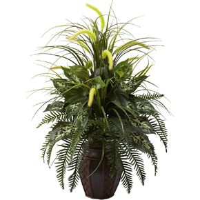 Nearly Natural 6727 3ft. Mixed Greens & Cattails with Planter, 26 x 26 x 36 inches, Green