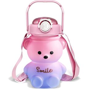Bear Water Bottle, 32oz Cute Water Bottles for Girls, Kids Water Bottle with Straw and Strap, Kawaii Teddy Bear Water Bottle, Cute Drinking Cups Leak-proof Water Bottles for School (Purple)