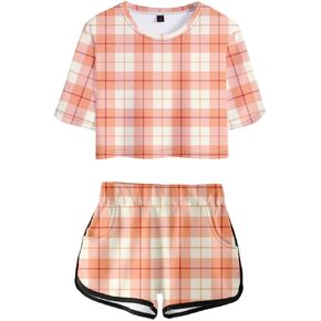 Women's Girls' Argyle Plaid Crop Top T-shirt and Shorts Tracksuit Two Pieces Sets Outfits