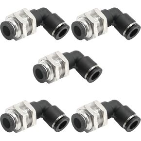 5 Pcs 1/4" X 1/4" Bulkhead Elbow, 1/4" 90 Degree Elbow Tube OD Push To Connect Bulkhead Fitting Pneumatic Quick Connect Air Fitting PLM-1/4 Black