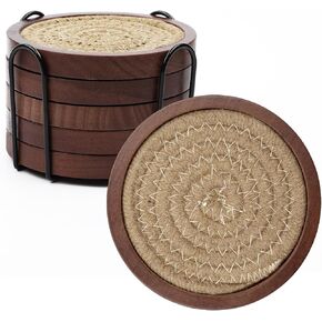 Mckanti 5 Pack Wood Coasters for Drinks with Cotton Coasters Insert, Wooden Coasters with Holder for Coffee Table Decor, Absorbent Coasters for Kinds of Cups, 4.3 Inches