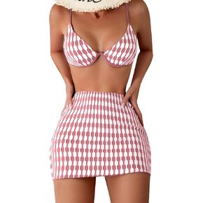 Floerns Women's 3 Piece Bathing Suit Allover Print Swimwear Bikini Swimsuit with Beach Skirt