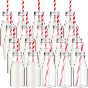 Yinkin 20 Set Plastic Milk Bottles with Straws & Metal Lids Clear Plastic Bottle for Dairy Milk, Party Bottle for Milk Juices Shakes Smoothies, 20 Bottles 20 Straws (Summer Color,)