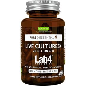 Live Cultures+ Lab4 Probiotics & Prebiotic, Vegan, Non-GMO, Lactobacillus Acidophilus & Bifidobacterium, Guaranteed 25 Billion CFU, Non-Bloating Gut Health Support, 6 x 30 Capsules, by Igennus