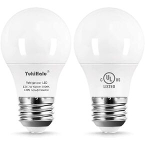 YukiHalu, A15 Appliance Light Bulb, 60W Equivalent for Range Hood/Refrigerator Light Bulb/Ceiling Fan Light, 600 Lumens 7W 120V 2700k Soft White E26 Base, Waterproof, Not Dimmable, 2-Pack