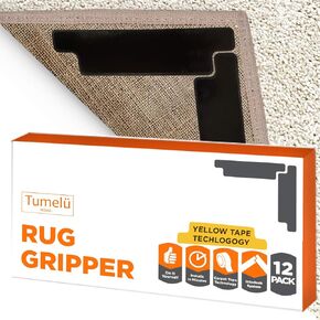 12pc Premium Large Size Anti Curling Carpet Tape Rug Gripper – Will Keep Rug in Place & Keep Corners Flat, Advanced with Yellow Capet Tape, Double Sided, Hard Plastic Center, 2X Adhesive, Reusable…