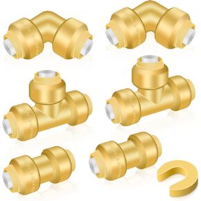 Push Fittings 3/4 Inch, 6pcs Push-to-Connect Fittings, No Lead Brass 3/4'' Plumbing Fittings Coupling Fitting(2pcs), Elbow Fitting(2pcs), Tee Fitting(2pcs), Quick Fittings with Disconnect Clip