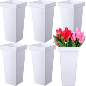 6 Pcs Flower Buckets 13.4 Inch Plastic Floral Bucket for Cut Flowers Modern Square Vases for Centerpieces Display Decorative Plastic Vases for Table Home Wedding Decorations (Black)