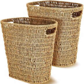 Hushee 2 Pcs Wicker Waste Basket Wicker Trash Basket with Built in Handles Boho Woven Trash Can Decorative Oval Trash Bin for Bedroom Essentials Bathroom Offices Home(Natural, Seagrass)