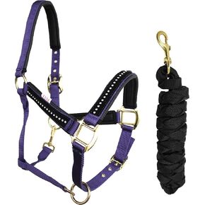 CHALLENGER Nylon Horse Halter Neoprene Padded Lead Rope Brass Hardware Rhinestones 606172