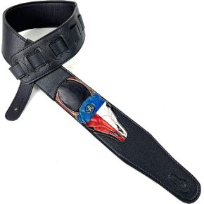 Walker & Williams CVG-19 Black Handmade Guitar Strap With Hand Tooled Red, White, And Blue Texas Star Longhorn Design On Premium Carving Leather For Acoustic, Electric, And Bass Guitars