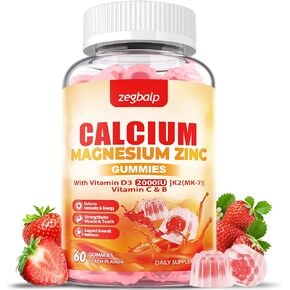 Calcium Magnesium Zinc Gummies with Vitamin D3 & K2 High Absorption Sugar Free Calcium Citrate & Magnesium Glycinate Supplement for Muscles, Immune, Mood & Energy Support