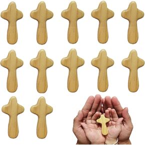 EAEDMY 12Pcs Small Wooden Pocket Crosses, Mini Portable Pine Hand Held Cross Craft, Jesus Cross Prayer Cross for Religious Occasion or Communion, 2.44in (12, Brown)