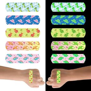 100pcs Luminous Cartoon Bandages with 5 Styles, 2.83x0.75in Flex Fabric Cartoon Bandages Waterproof Breathable Bandages to Protect Wounds for Adults Boys Girls(Dinosaur Style)