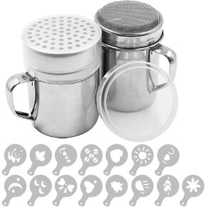 Powdered Sugar Shaker Duster with Handle, SENHAI 2pcs Stainless Steel Powder Shakers for Sugar Pepper Cinnamon Powder Flour with Printing Molds Stencils - Fine & Large Mesh