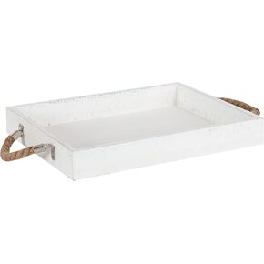 Kate and Laurel Bayville Coastal Farmhouse Wood Tray, 10 x 24, White, Decorative Wooden Tray with Rope Handles and Rustic Distressed Finish for Serving, Storage, and Display