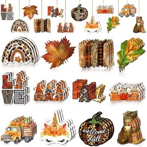 36 Pcs Fall Tree Decorations Thanksgiving Gnomes Ornaments for Tree Wooden Hanging Ornaments Pumpkins Leaves Flowers Cutouts Autumn Decorations for Holiday Party Supply(Classic Style)