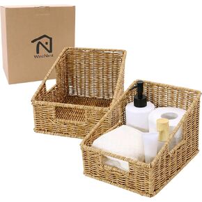 Wicker Home Organizer Basket, Office Organization as Book Holder, Desk Organizer, Magazine Holder, Home Organization, Wicker Baskets for Storage, Resin Wicker Set of 2, Tan