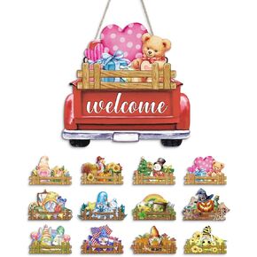 Putuo Decor 13pcs Interchangeable Welcome Sign for Front Door Decorations Seasonal Festive Door Signs, Gnome Holiday Welcome to Our Home Sign Wall Hanging Porch Decor for All Holiday 11.8in