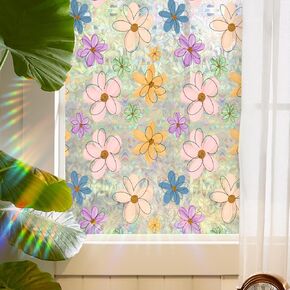 Runtoo Window Privacy Film Rainbow Daisy Flower Window Clings 3D Decorative Window Vinyl Stained Glass Floral Window Decals Static Cling Window Sticker Non-Adhesive, 15.75 x 40 inches