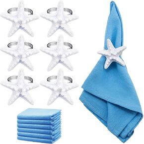 12Pcs Starfish Napkin Rings and Cotton Napkins Sea Star Ocean Coastal Nautical Napkin Holders Dinner Cloth Napkins Beach Table Decor for Summer Tables Wedding Birthday Banquet (Blue Star)