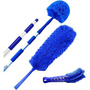 Extension Rod & Blue Extension Cobweb Duster Ultimate Dusting Kit - Extendable Reach 20 feet, Ceiling Fan Duster, Long Handle Aluminum Telescoping Pole, Webster Duster for Cleaning
