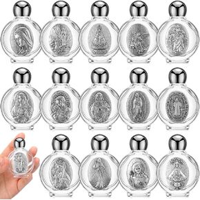 Domensi 15 Pcs Glass Holy Water Bottles 0.5 Floz Christian Catholic Jesus Container Small Embossed Travel Empty Bottles Religious Church Decor for Spiritual Events Gift Baptisms Party Wedding(Silver)