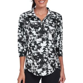 Tanst Sky Womens Golf Polo Shirts Zipper 3/4 Sleeve Moisture Wicking Tops UPF 50+ Workout Tennis Apparel