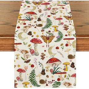 Artoid Mode Beige Modern Mushroom Table Runner, Seasonal Botanic Farmhouse Kitchen Dining Table Decoration for Home Party Decor 13x36 Inch