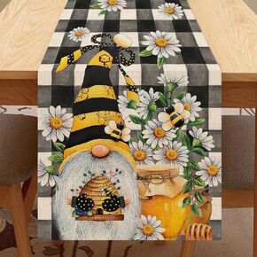 Seliem Spring Bee Gnome Table Runner, Honey Black White Buffalo Plaid Check Home Kitchen Dining Decor, Summer Seasonal Farmhouse Daisy Decorations Indoor Outdoor Anniversary Party Supply 13 x 72 Inch