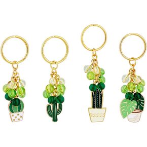 SUPERFINDINGS 4 Styles Alloy Keychain with Acrylic Beads Acrylic Plants Keyrings Green Leaf Enamel Pendant Keychains Cactus Charm Keyrings for Women Men Car Bag Key Pendant Decoration