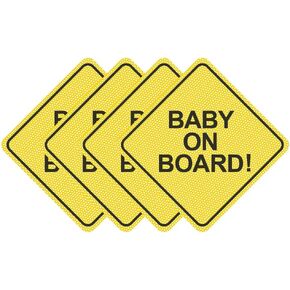 Baby on Board Sticker for Cars (4 PCS) 5" by 5". Baby on Board Sign Decal.See-Through When Reversing and Bright Yellow No Need for Suction Cup or Magnets - Strong Adhesive