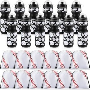 24 Pcs 24 oz Baseball Water Bottle Bulk and Drawstring Bag Set 12 Reusable Plastic Biking Water Bottle Tumbler 12 Sport Gym Goodie Gift Bag for Party Favor (Black)
